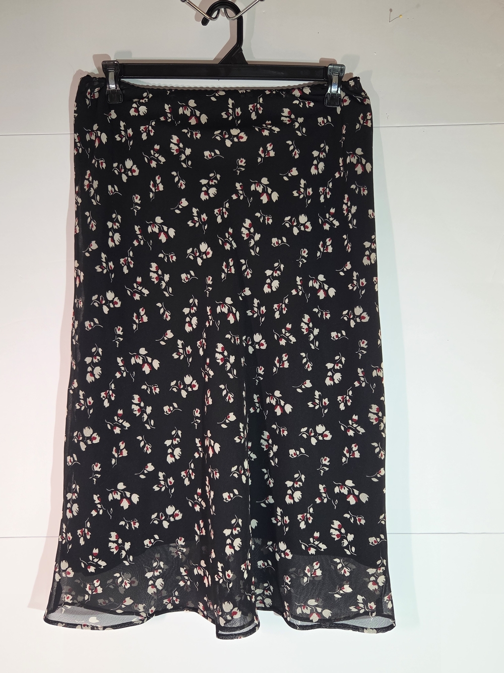 Mix Nouveau Floral Midi Skirt Size L Black Pink Sheer Chiffon Overlay Lined